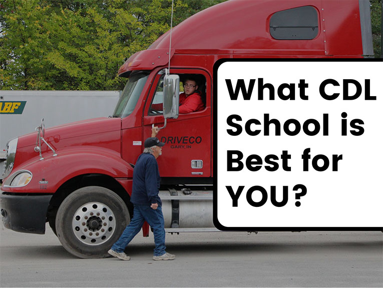 image of student driving truck, an instructor guiding him. A white box on right side of image reads "What CDL school is best for you?"